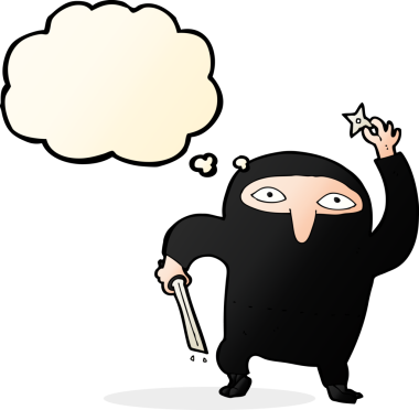 Bir insan tarafından çizilmiş düşünce baloncuklu ninja çizgi filmi.