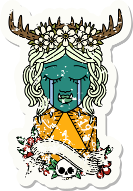 Retro Dövme Tarzı Ağlayan Ork Druid karakteri yüzü ve bir insan tarafından çizilmiş doğal bir D20 rulosu