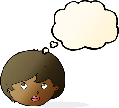 Bir insan tarafından çizilmiş düşünce baloncuğuyla yukarı bakan kadın yüzü.