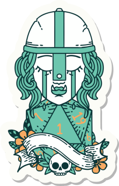 Ağlayan bir Ork savaşçı karakterinin çıkartması. Doğal bir d20 rulo ile bir insan tarafından çizilmiş.