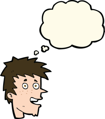 Bir insan tarafından çizilmiş düşünce baloncuklu mutlu çocuk yüzü.