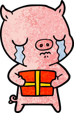 Bir insan tarafından çizilmiş Noel hediyesi için ağlayan bir domuz.