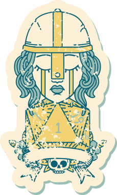 Retro Dövme Tarzı Ağlayan İnsan Dövüşçüsü Bir insan tarafından çizilmiş doğal bir D20 zarıyla