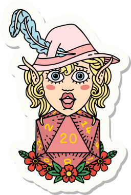 Bir insan tarafından çizilmiş 20 zarlı elf şair karakterinin çıkartması.