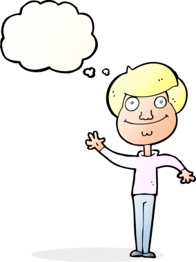 Bir insan tarafından çizilmiş düşünce baloncuğuyla el sallayan mutlu bir adam.