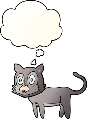 Mutlu çizgi film kedisi bir insan tarafından çizilmiş yumuşak eğimli düşünce baloncuğu ile