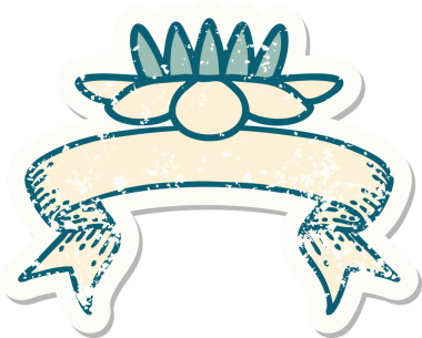 Bir insan tarafından çizilmiş nilüfer çiçeğinin pankartıyla eski bir etiket.