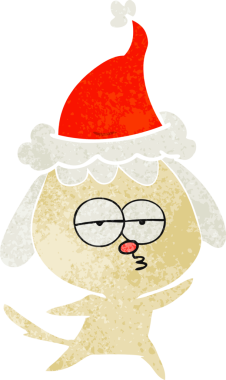 Bir insan tarafından çizilmiş Noel Baba şapkası giymiş sıkılmış bir köpeğin el çizimi karikatürü.