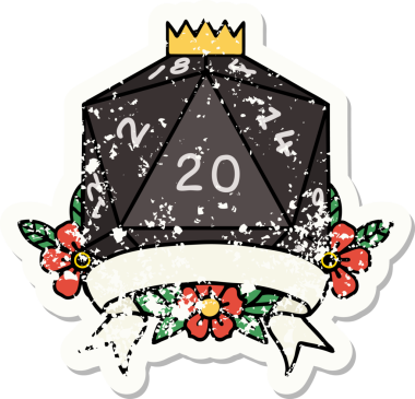 Bir insan tarafından çekilen 20 kritik vuruşluk D20 zar atımının grunge çıkartması.