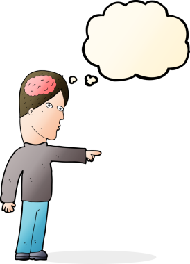 Bir insan tarafından çizilmiş düşünce baloncuğuyla işaret eden zeki bir adam.