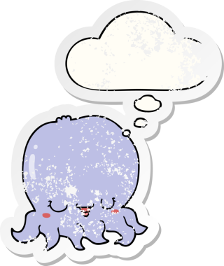 Düşünce baloncuğu olan karikatür denizanası insan tarafından çizilmiş yıpranmış bir çıkartma.