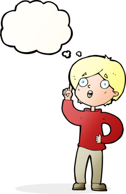 Bir insan tarafından çizilmiş düşünce baloncuğu fikri olan çizgi film çocuğu.