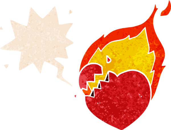 Konuşması kabarcıklı karikatür alev alev yanan kalp grunge sıkıntılı retro dokuma bir insan tarafından çizilmiş