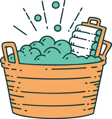 Geleneksel dövme stili eski bir çamaşır tahtası ve bir insan tarafından çizilmiş fırçalama kabı.