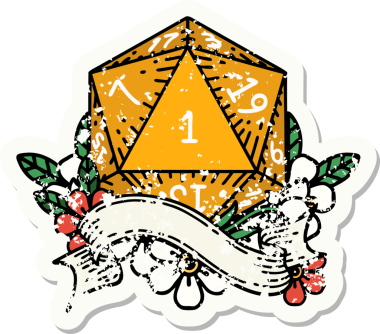 Bir insan tarafından çizilmiş doğal bir d20 zarının grunge çıkartması.