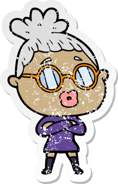 Bir insan tarafından çizilmiş gözlük takan karikatürlü bir kadının sıkıntılı çıkartması.