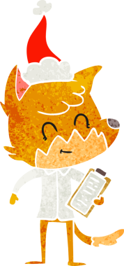 Bir insan tarafından çizilmiş Noel Baba şapkası giymiş dost canlısı bir tilki müdürünün el çizimi karikatürü.