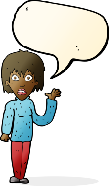 Bir insan tarafından çizilmiş konuşma balonuyla el sallayan bir karikatür.