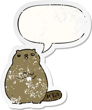 Konuşma balonlu çizgi film kunduzu bir insan tarafından çizilmiş sıkıntılı eski bir çıkartma