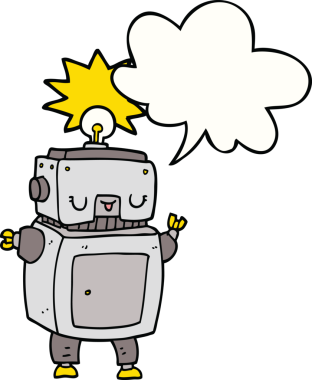 Bir insan tarafından çizilmiş konuşma balonu olan çizgi film robotu.