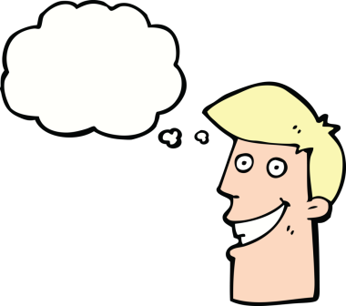 Bir insan tarafından çizilmiş düşünce baloncuğu ile sırıtan çizgi film adamı.