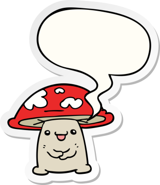 Bir insan tarafından çizilmiş konuşma balonu çıkartmalı mantar karakteri.