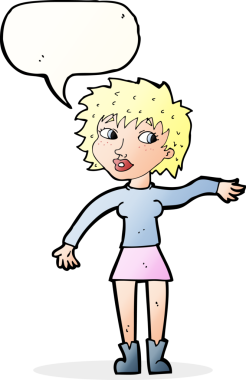 Bir insan tarafından çizilmiş konuşma balonuyla el sallayan karikatür dostu kadın.