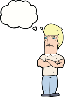 Bir insan tarafından çizilmiş düşünce baloncuğuyla kollarını kavuşturmuş, rahatsız bir adam.