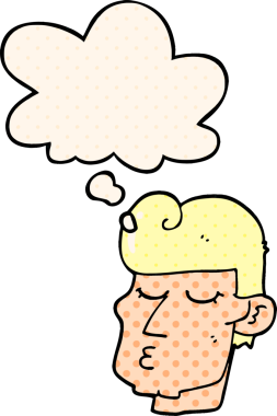 Çizgi roman tarzında bir insan tarafından çizilmiş düşünce balonu olan yakışıklı bir adam.