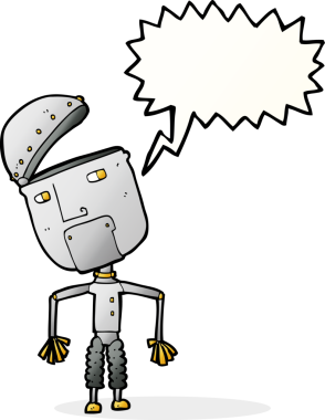 Bir insan tarafından çizilmiş konuşma balonlu komik robot.