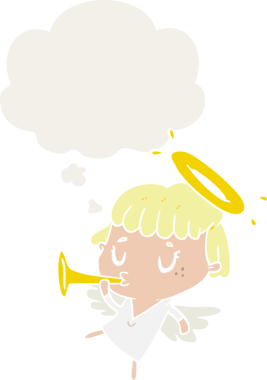 Düşünce baloncuğu olan karikatür meleği insan tarafından çizilmiş.