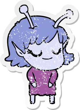 Bir insan tarafından çizilmiş gülümseyen uzaylı kız çizgi filminin sıkıntılı çıkartması.