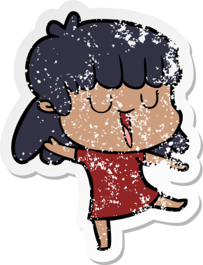 Bir insan tarafından çizilmiş gülen karikatürlü bir kadının sıkıntılı çıkartması.