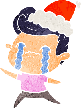 Bir insanın çizdiği Noel Baba şapkasıyla ağlayan bir adamın el çizimi karikatürü.