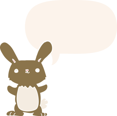 Konuşma baloncuğu olan sevimli çizgi film tavşanı insan tarafından çizilmiş.