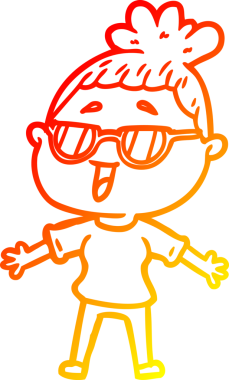 Bir insan tarafından çizilmiş gözlük takan mutlu bir kadının çizgi çizimi.