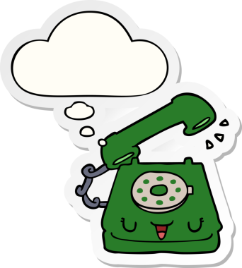 Bir insan tarafından çizilmiş bir çıkartma gibi düşünce baloncuklu şirin çizgi film telefonu.