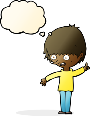 Bir insan tarafından çizilmiş düşünce baloncuğuyla soru soran çizgi film çocuğu.