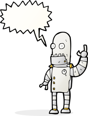 Bir insan tarafından çizilmiş konuşma balonlu çizgi film sallayan robot.