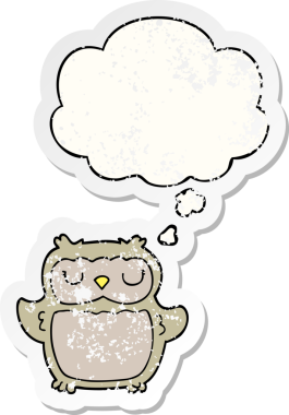 Düşünce baloncuğu olan karikatür baykuşu insan tarafından çizilmiş yıpranmış bir çıkartma.