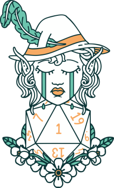 Retro Dövme Tarzı Ağlayan Elf Ozan Karakteri Bir insan tarafından çizilmiş doğal D20 rulo