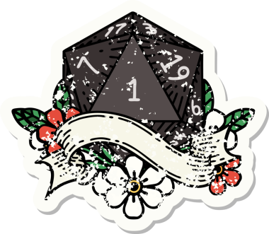 Bir insan tarafından çizilmiş doğal bir d20 zarının grunge çıkartması.