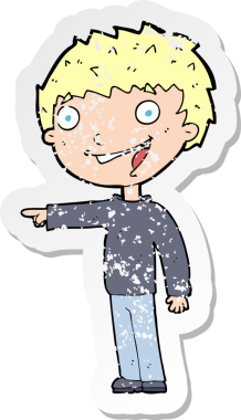 Bir insan tarafından çizilmiş mutlu çocuk çizgi filminin kederli retro yapıştırması.