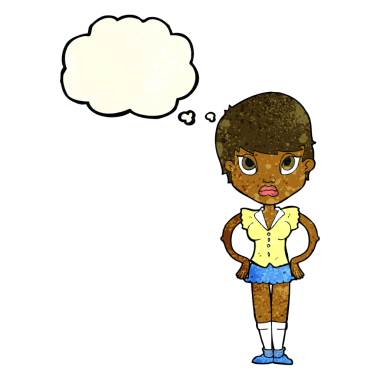 Bir insan tarafından çizilmiş düşünce baloncuğuyla rahatsız bir kız.