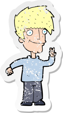 Bir insan tarafından çizilmiş barış işareti veren bir çizgi film karakterinin gerilimli retro yapıştırması