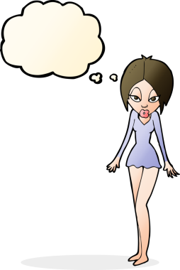Düşünce baloncuğu çizilmiş kısa elbiseli bir kadın.