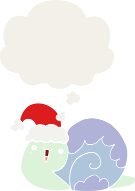 Bir insan tarafından çizilmiş düşünce baloncuğu olan şirin bir çizgi film Noel salyangozu.