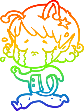 Gökkuşağı gradyan çizgisi, bir insan tarafından çizilmiş ağlayan uzaylı bir kızın çizimi.