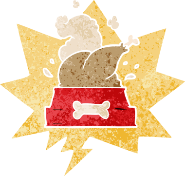 çizgi film köpek kasesi, içinde konuşma balonu olan tavuk ve grunge dertli retro tarzı bir insan tarafından çizilmiş.