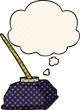 Çizgi roman tarzında bir insan tarafından çizilmiş eski mürekkep kabı ve düşünce baloncuklu kalem.